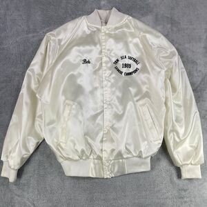 Vintage 80's Auburn Sportswear Satin Jacket Men's XL White Hem Logo Snap Button